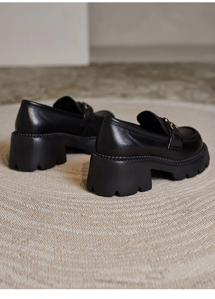 DRKANOL Women Thick Heel Loafers Slip On Pumps Spring Autumn New Design Metal Genuine Leather Round Toe High Heel Platform Shoes