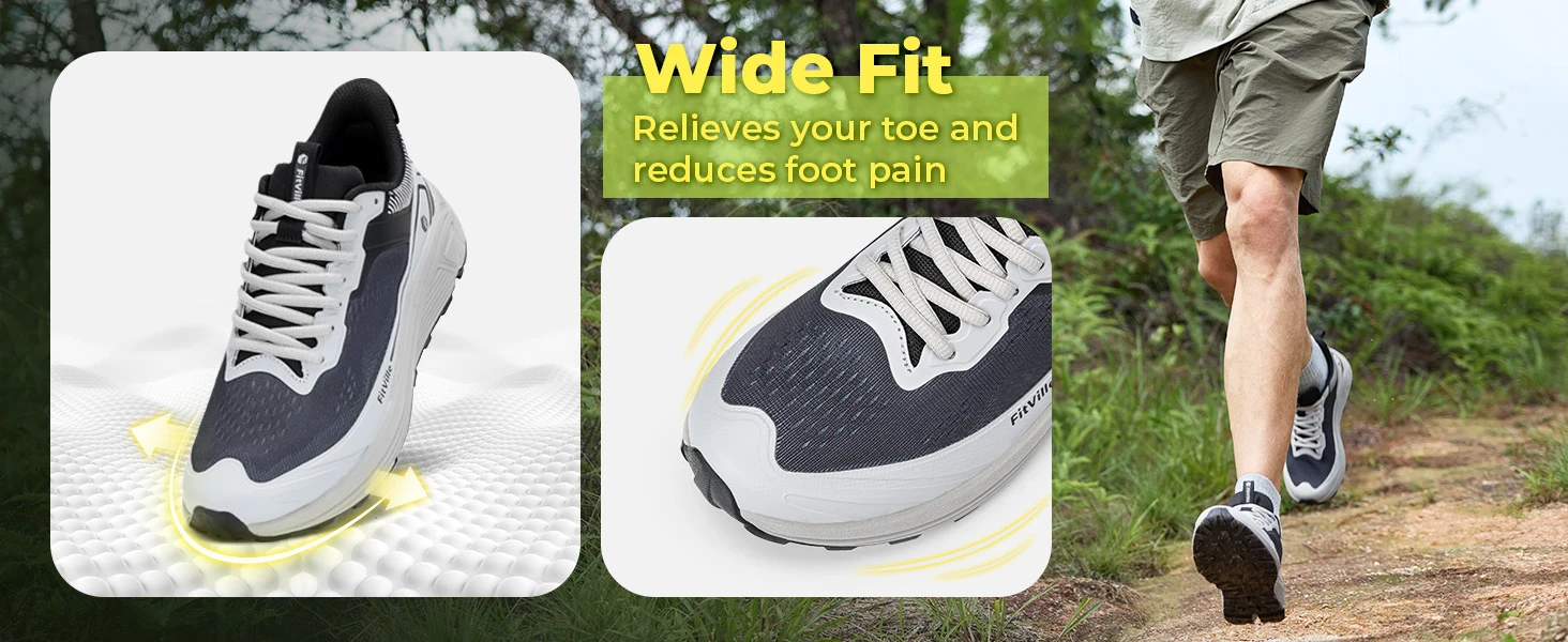 FitVille Wide Sports Shoes Wear Resistant Hiking Trail Running Shoes for Men Cushioning Men Sneakers with Arch Support Anti-Slip