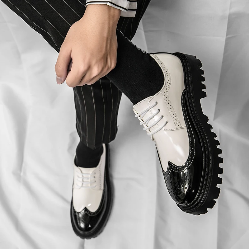 Luxury Brand Brogue Men's Shoes White Thick-soled Casual British Style Comfortable Oxford Shoes Lace-up High Quality Men's Shoes