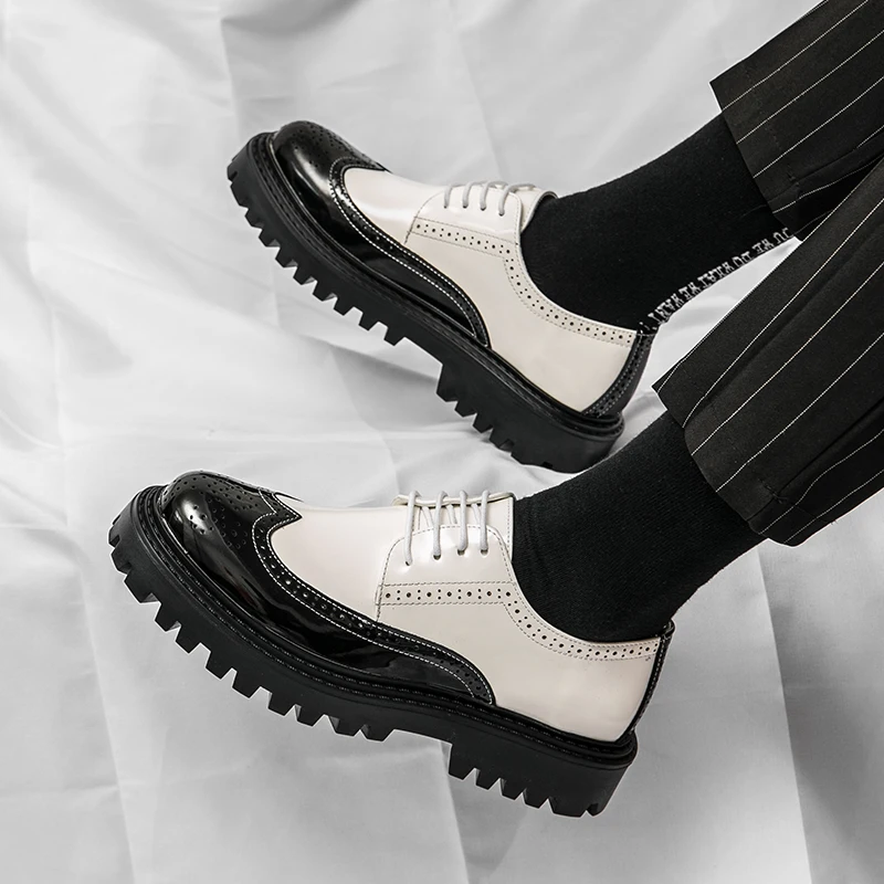 Luxury Brand Brogue Men's Shoes White Thick-soled Casual British Style Comfortable Oxford Shoes Lace-up High Quality Men's Shoes