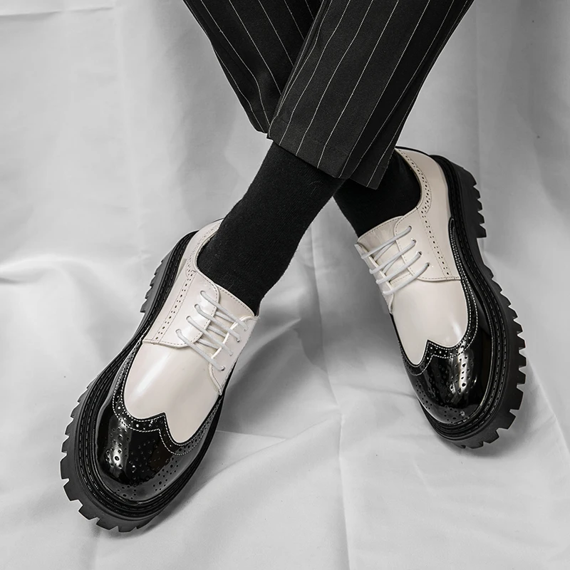 Luxury Brand Brogue Men's Shoes White Thick-soled Casual British Style Comfortable Oxford Shoes Lace-up High Quality Men's Shoes