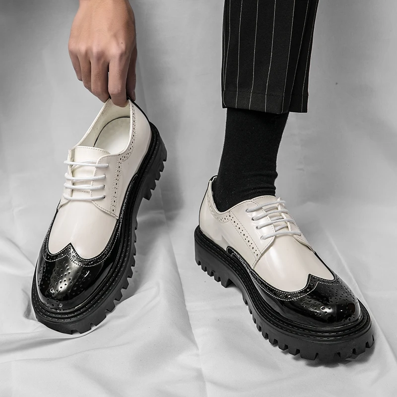 Luxury Brand Brogue Men's Shoes White Thick-soled Casual British Style Comfortable Oxford Shoes Lace-up High Quality Men's Shoes
