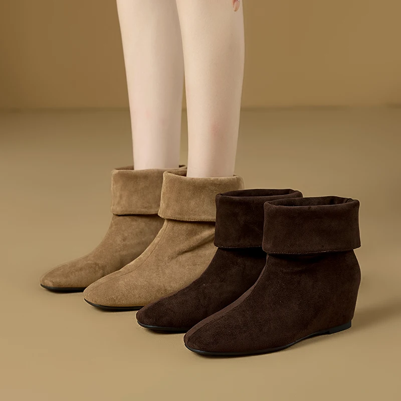 AIYUQI 2026New Women Folded Cuff Wedge Ankle Boots Suede Pointed Toe Slipon Short Booties Ladies Retro Fall Winter Casual Shoes