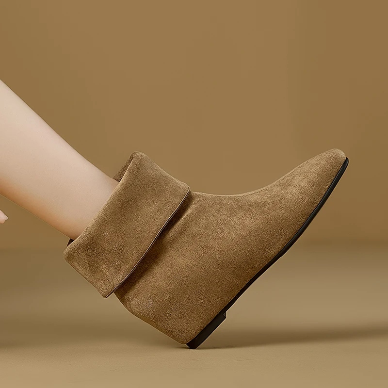 AIYUQI 2026New Women Folded Cuff Wedge Ankle Boots Suede Pointed Toe Slipon Short Booties Ladies Retro Fall Winter Casual Shoes