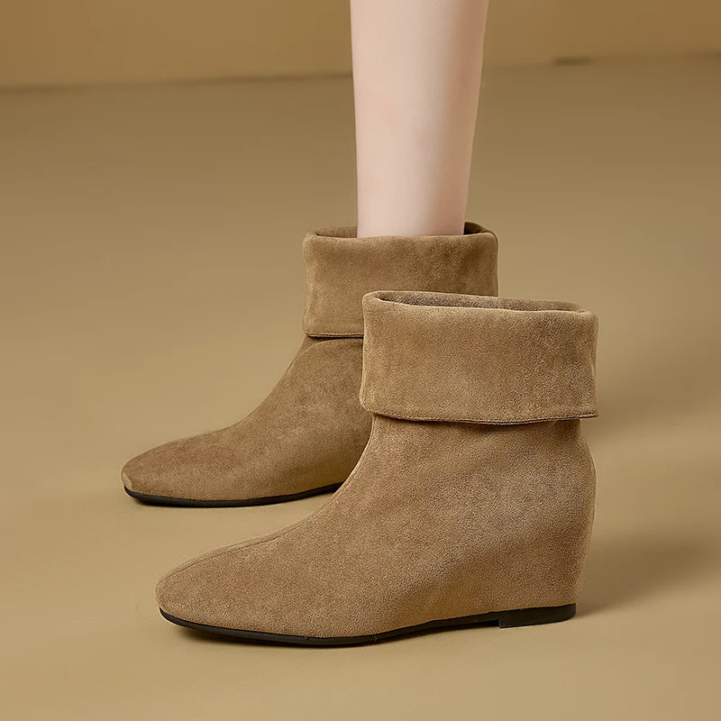 AIYUQI 2026New Women Folded Cuff Wedge Ankle Boots Suede Pointed Toe Slipon Short Booties Ladies Retro Fall Winter Casual Shoes