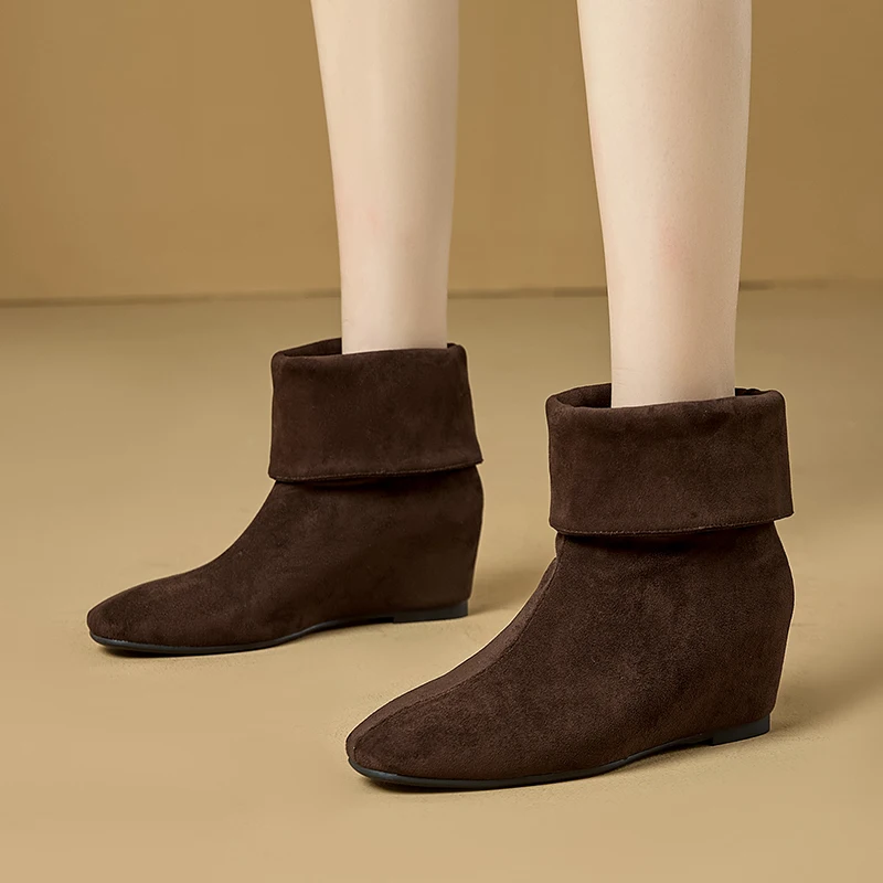 AIYUQI 2026New Women Folded Cuff Wedge Ankle Boots Suede Pointed Toe Slipon Short Booties Ladies Retro Fall Winter Casual Shoes