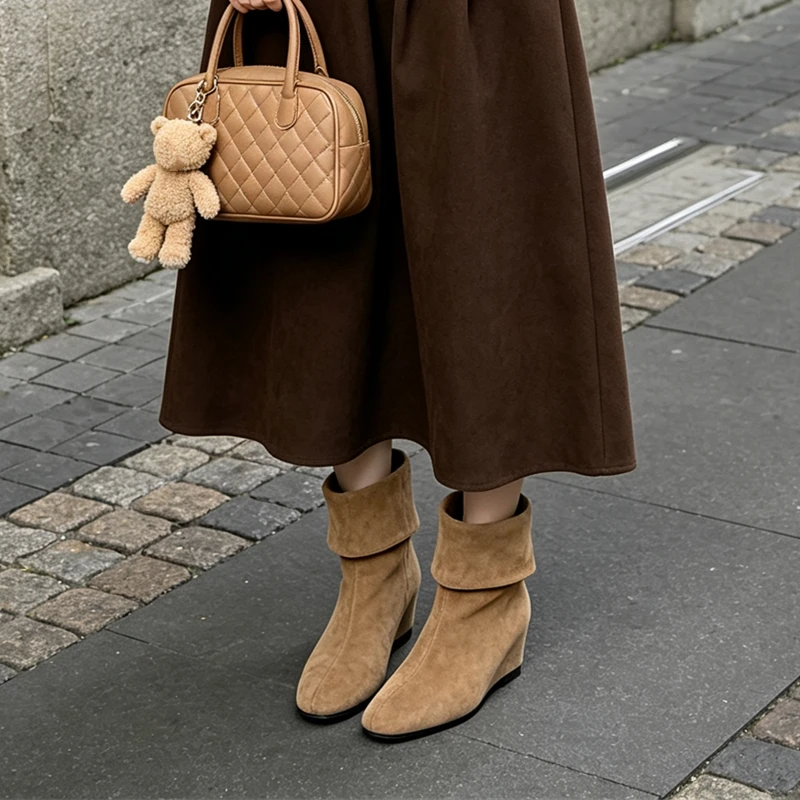 AIYUQI 2026New Women Folded Cuff Wedge Ankle Boots Suede Pointed Toe Slipon Short Booties Ladies Retro Fall Winter Casual Shoes