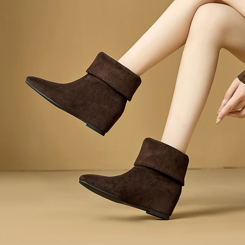 AIYUQI 2026New Women Folded Cuff Wedge Ankle Boots Suede Pointed Toe Slipon Short Booties Ladies Retro Fall Winter Casual Shoes