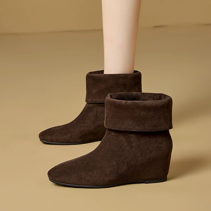 AIYUQI 2026New Women Folded Cuff Wedge Ankle Boots Suede Pointed Toe Slipon Short Booties Ladies Retro Fall Winter Casual Shoes
