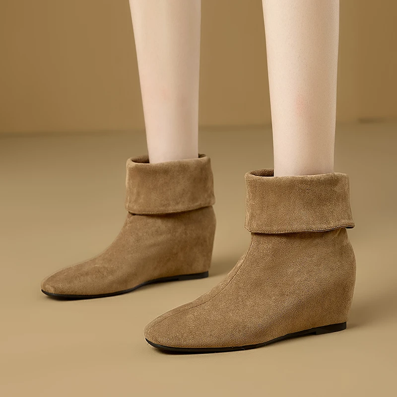 AIYUQI 2026New Women Folded Cuff Wedge Ankle Boots Suede Pointed Toe Slipon Short Booties Ladies Retro Fall Winter Casual Shoes