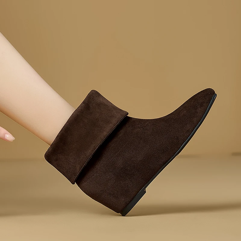 AIYUQI 2026New Women Folded Cuff Wedge Ankle Boots Suede Pointed Toe Slipon Short Booties Ladies Retro Fall Winter Casual Shoes
