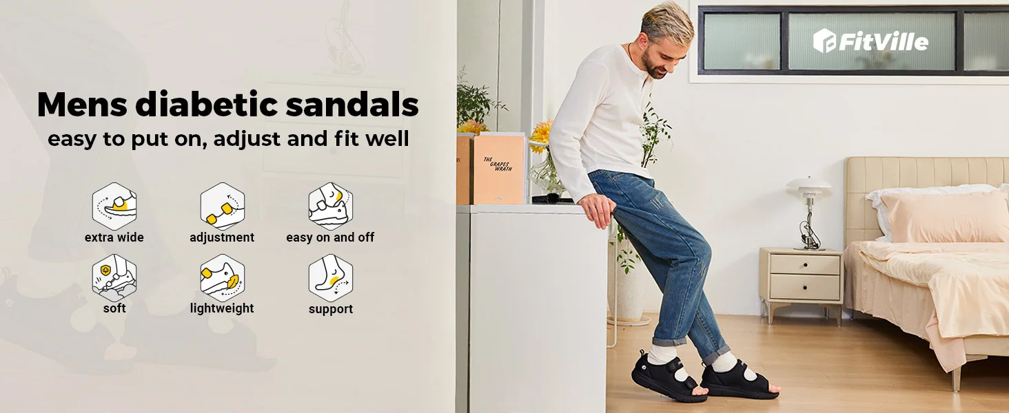 FitVille Men's Adjustable Wide Width Diabetic Sandals, Orthopedic Comfort Sandals with Arch Support for Swollen Feet & Foot Neuropathy