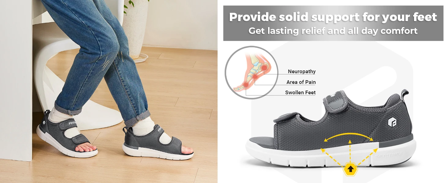 FitVille Men's Adjustable Wide Width Diabetic Sandals, Orthopedic Comfort Sandals with Arch Support for Swollen Feet & Foot Neuropathy