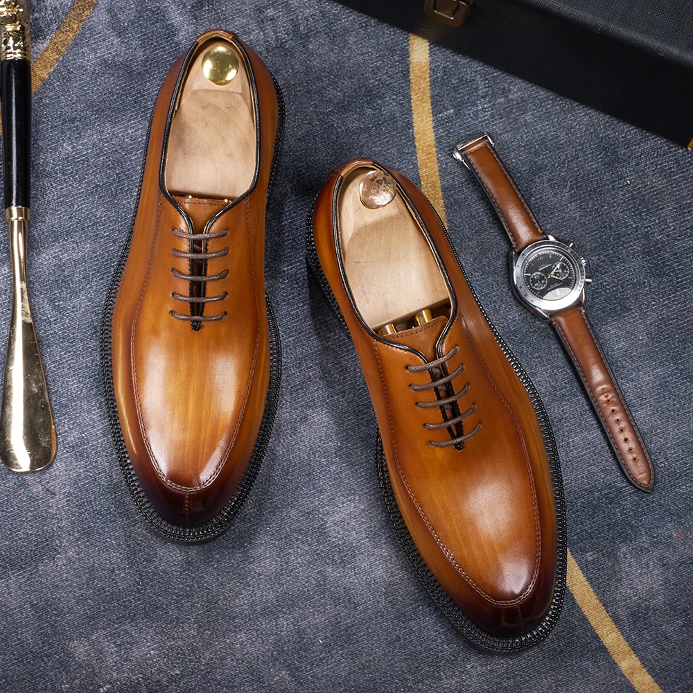 Luxury Genuine Leather Mens Formal Shoes Handmade Whole Cut Oxfords Business Lace-up Pointed Toe Wedding Dress Shoes for Men