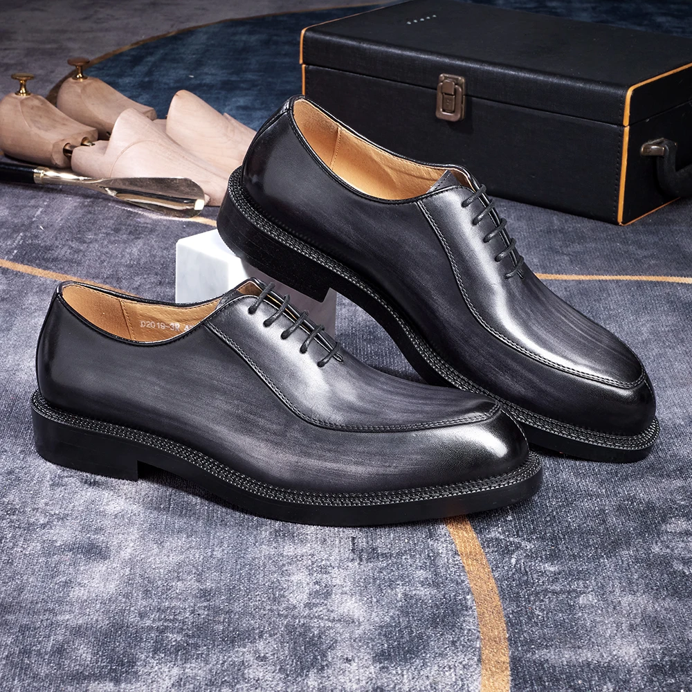 Luxury Genuine Leather Mens Formal Shoes Handmade Whole Cut Oxfords Business Lace-up Pointed Toe Wedding Dress Shoes for Men
