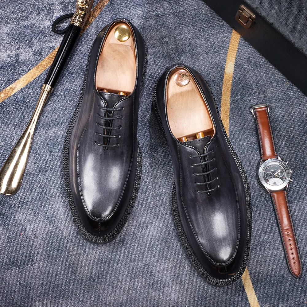 Luxury Genuine Leather Mens Formal Shoes Handmade Whole Cut Oxfords Business Lace-up Pointed Toe Wedding Dress Shoes for Men