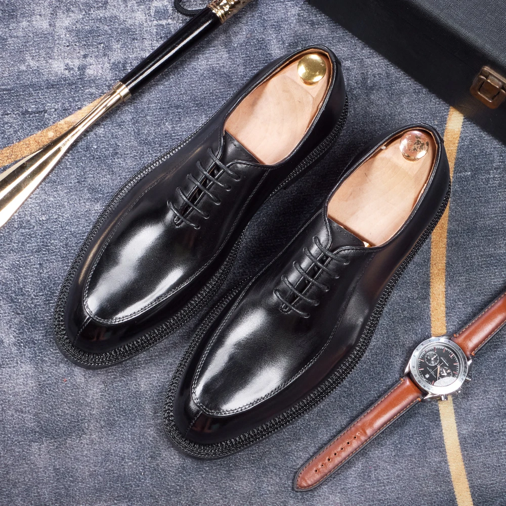 Luxury Genuine Leather Mens Formal Shoes Handmade Whole Cut Oxfords Business Lace-up Pointed Toe Wedding Dress Shoes for Men