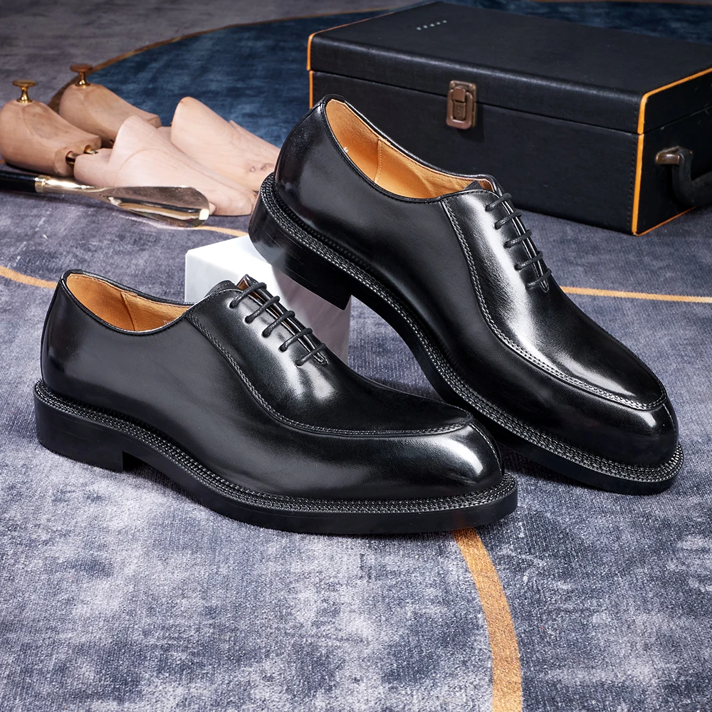 Luxury Genuine Leather Mens Formal Shoes Handmade Whole Cut Oxfords Business Lace-up Pointed Toe Wedding Dress Shoes for Men
