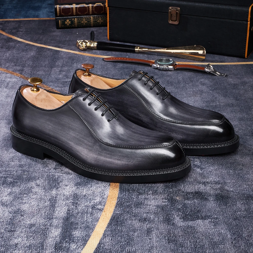 Luxury Genuine Leather Mens Formal Shoes Handmade Whole Cut Oxfords Business Lace-up Pointed Toe Wedding Dress Shoes for Men