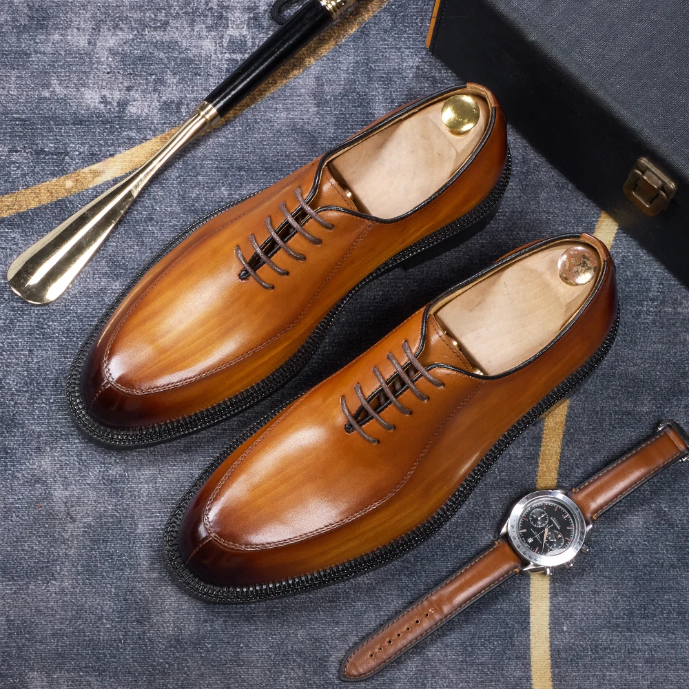 Luxury Genuine Leather Mens Formal Shoes Handmade Whole Cut Oxfords Business Lace-up Pointed Toe Wedding Dress Shoes for Men