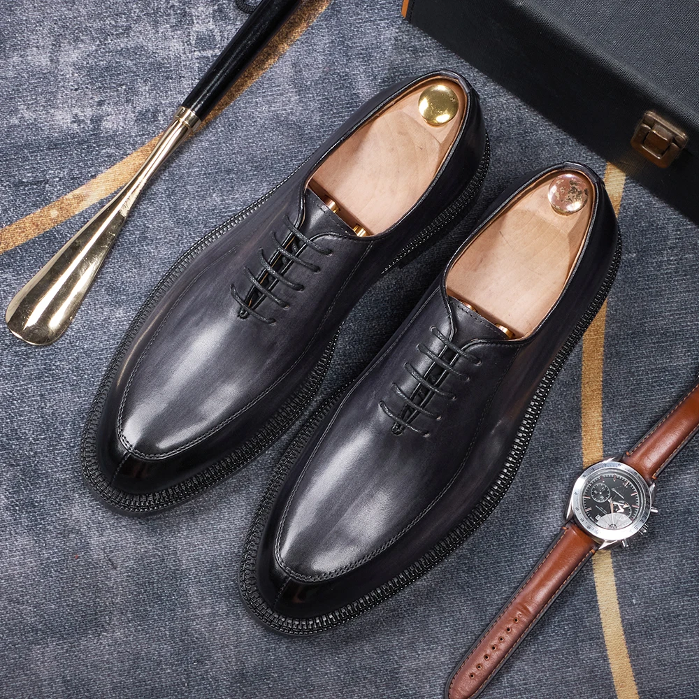 Luxury Genuine Leather Mens Formal Shoes Handmade Whole Cut Oxfords Business Lace-up Pointed Toe Wedding Dress Shoes for Men