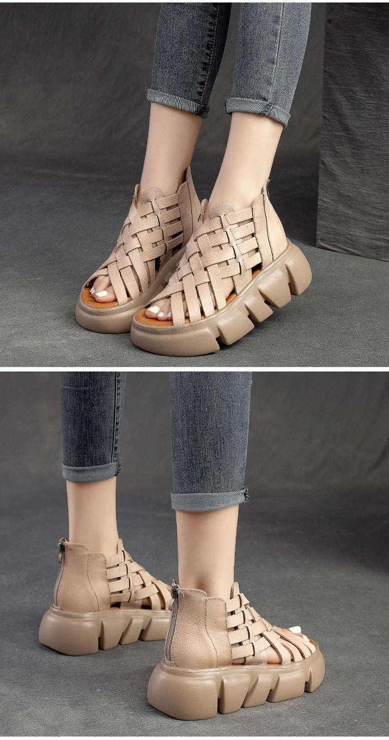 DRKANOL 2026 Women Gladiator Sandals Summer Cool Boots Luxury Gesign Genuine Leather Woven Wedges Platform Casual Roman Sandals