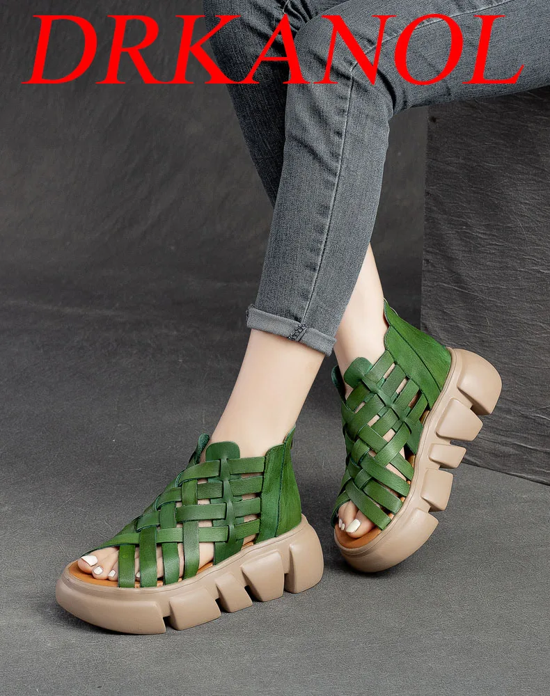 DRKANOL 2026 Women Gladiator Sandals Summer Cool Boots Luxury Gesign Genuine Leather Woven Wedges Platform Casual Roman Sandals