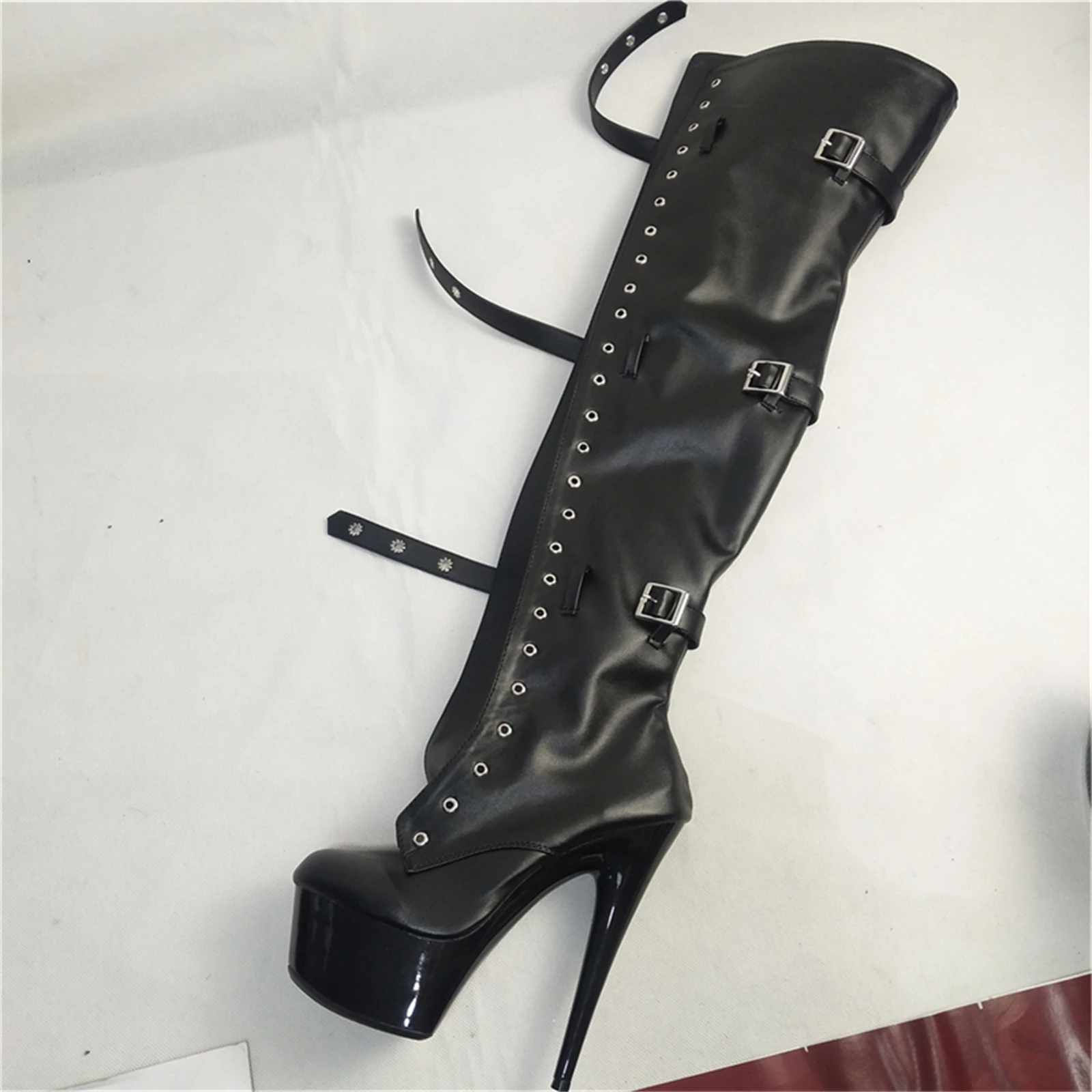 Patent Over Knee Boots 17CM Heels | SIDE LACE-UP & Buckle Strap | Glossy Goth Platform Heels for Club & Stage