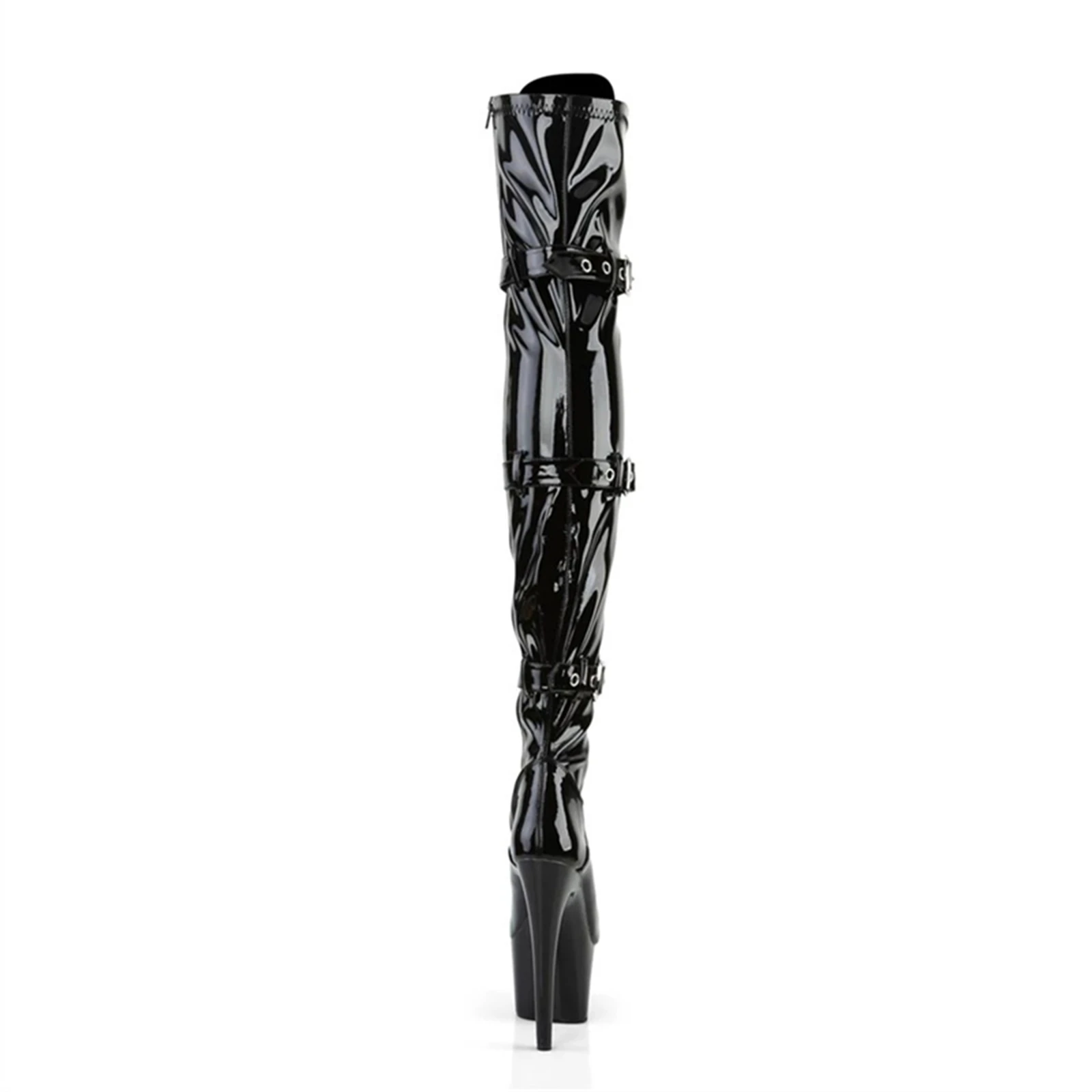 Patent Over Knee Boots 17CM Heels | SIDE LACE-UP & Buckle Strap | Glossy Goth Platform Heels for Club & Stage