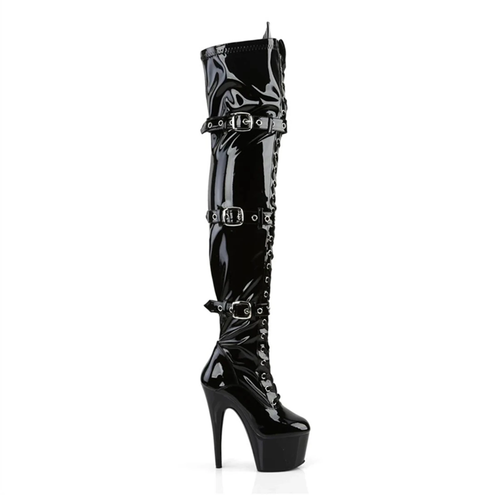Patent Over Knee Boots 17CM Heels | SIDE LACE-UP & Buckle Strap | Glossy Goth Platform Heels for Club & Stage
