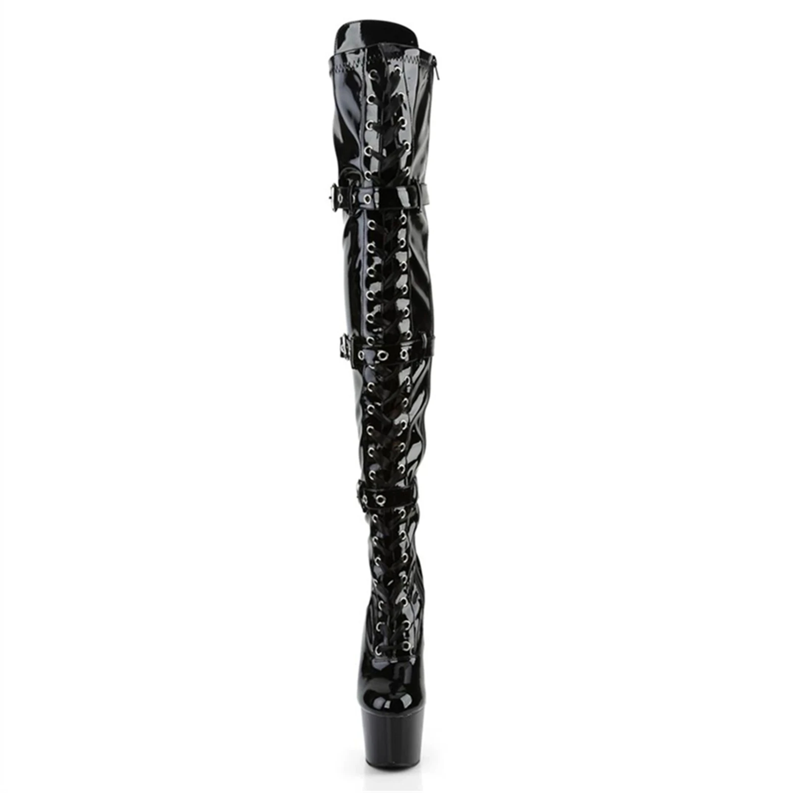 Patent Over Knee Boots 17CM Heels | SIDE LACE-UP & Buckle Strap | Glossy Goth Platform Heels for Club & Stage