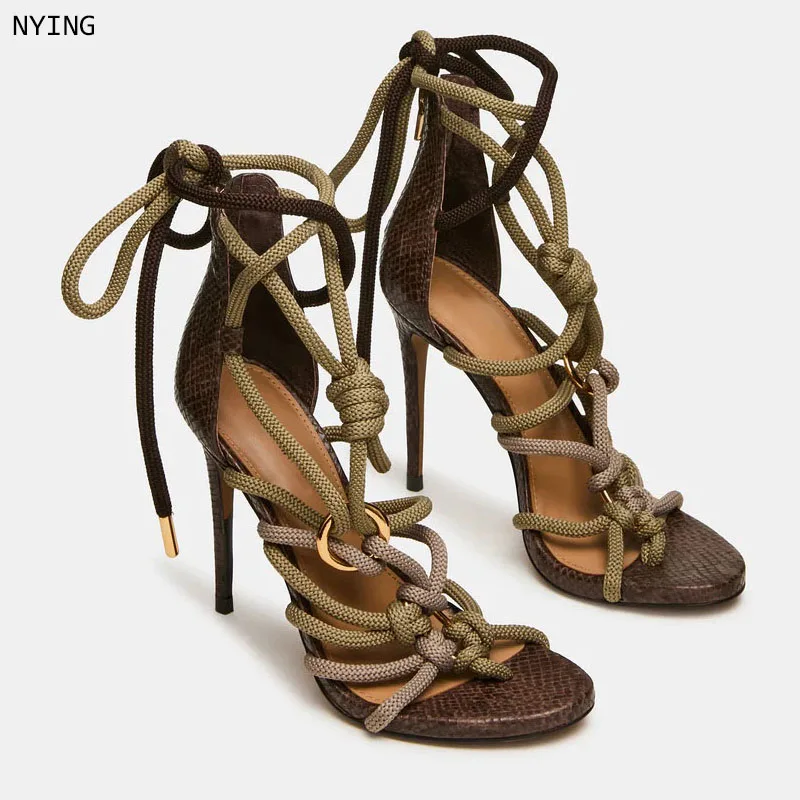 2026 Women's Retro Thick Rope Crisscross Strap High Heels Women'S Open-Toe Stiletto Sandals Sexy Summer Party Dress Shoes 44