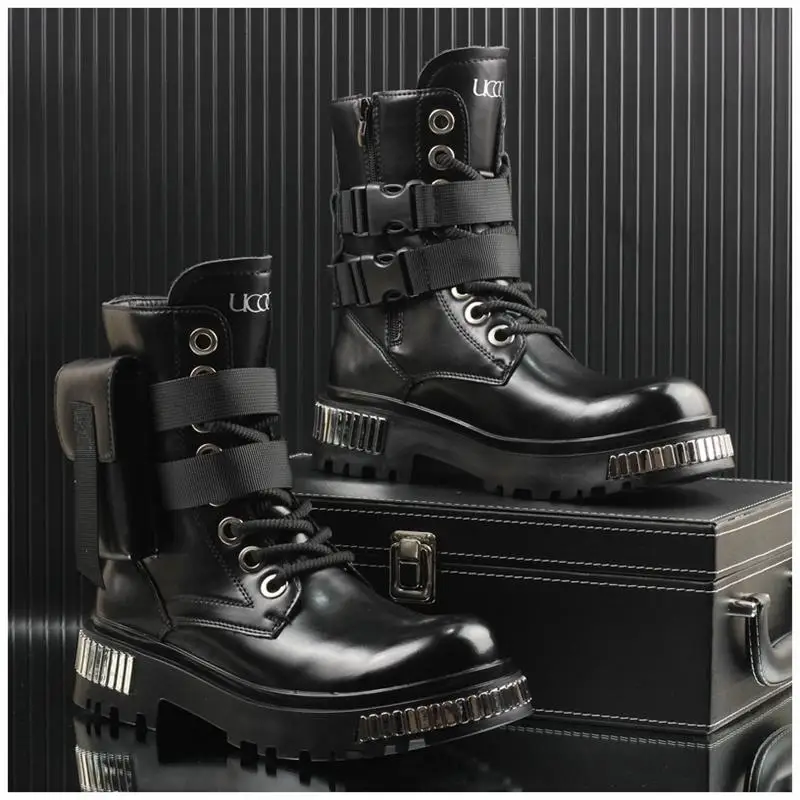 2025 White Men's High-Top Winter Velvet Warm British Medium Motorcycle Thick-Soled Boots