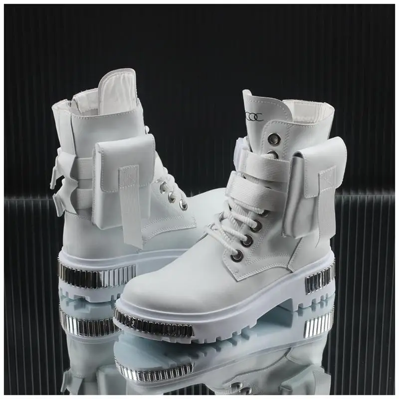2025 White Men's High-Top Winter Velvet Warm British Medium Motorcycle Thick-Soled Boots