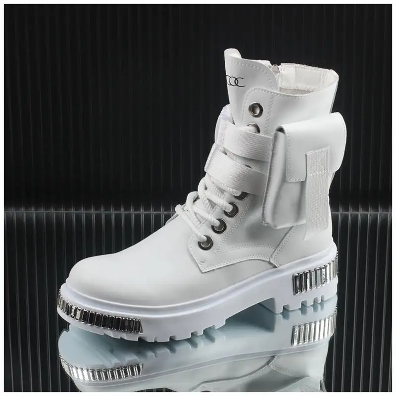 2025 White Men's High-Top Winter Velvet Warm British Medium Motorcycle Thick-Soled Boots