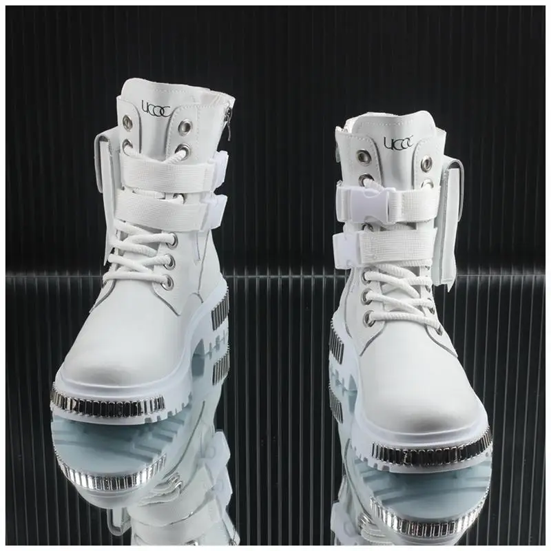 2025 White Men's High-Top Winter Velvet Warm British Medium Motorcycle Thick-Soled Boots