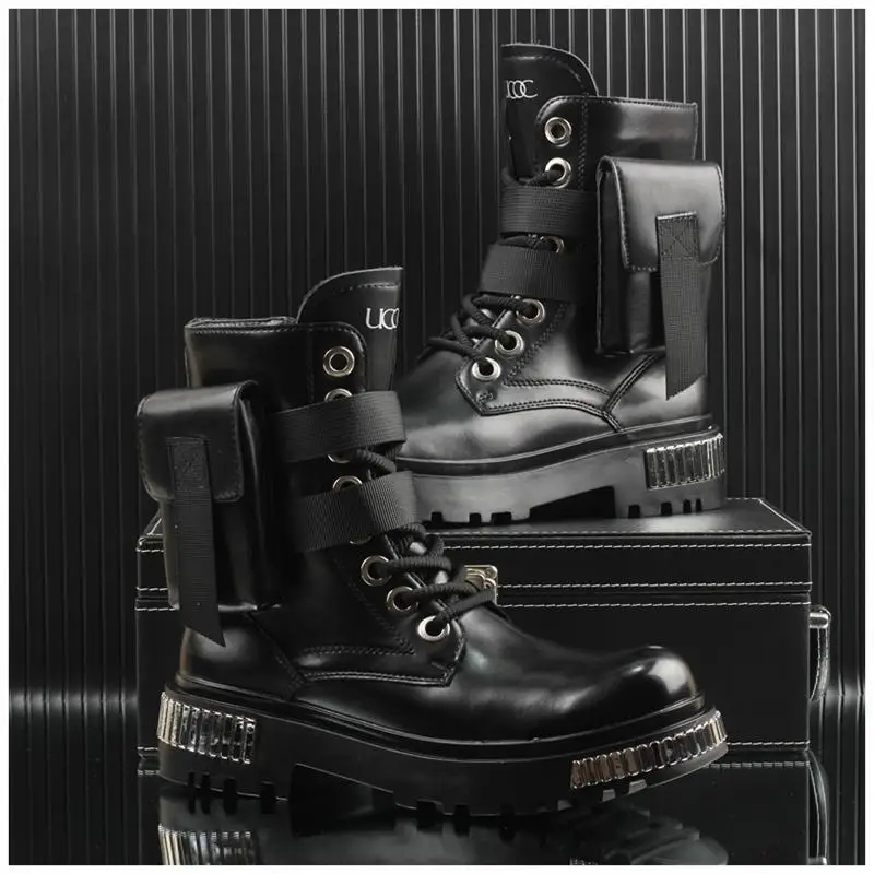 2025 White Men's High-Top Winter Velvet Warm British Medium Motorcycle Thick-Soled Boots