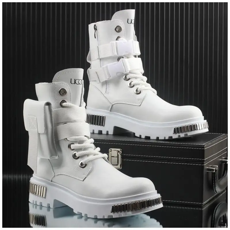 2025 White Men's High-Top Winter Velvet Warm British Medium Motorcycle Thick-Soled Boots