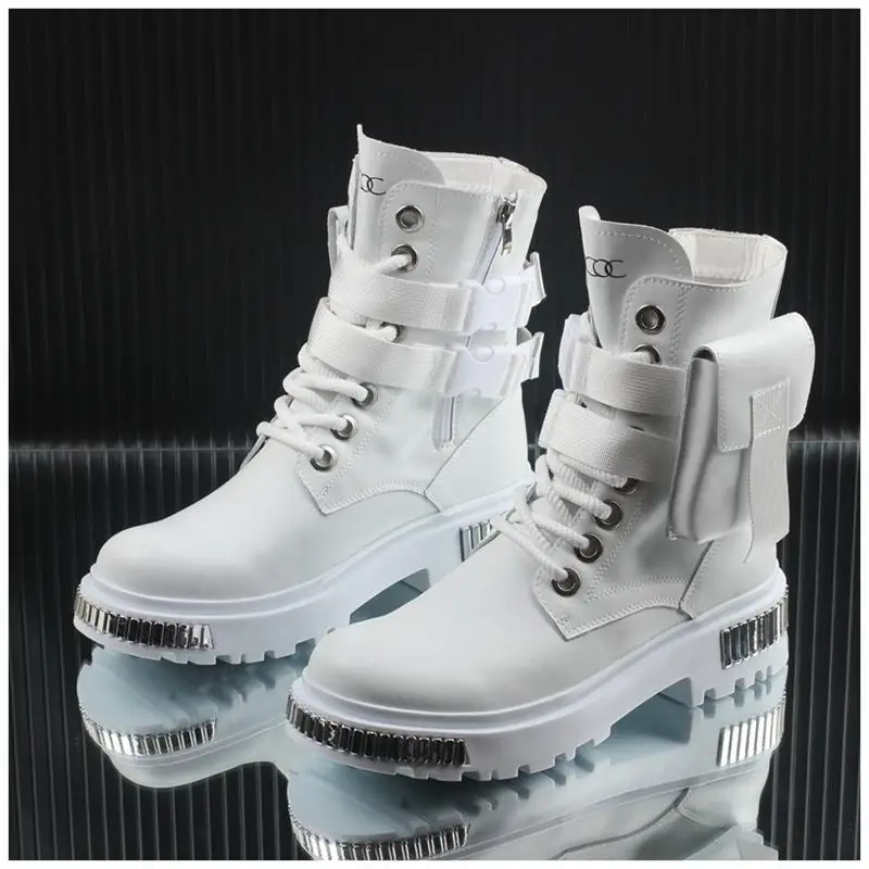 2025 White Men's High-Top Winter Velvet Warm British Medium Motorcycle Thick-Soled Boots