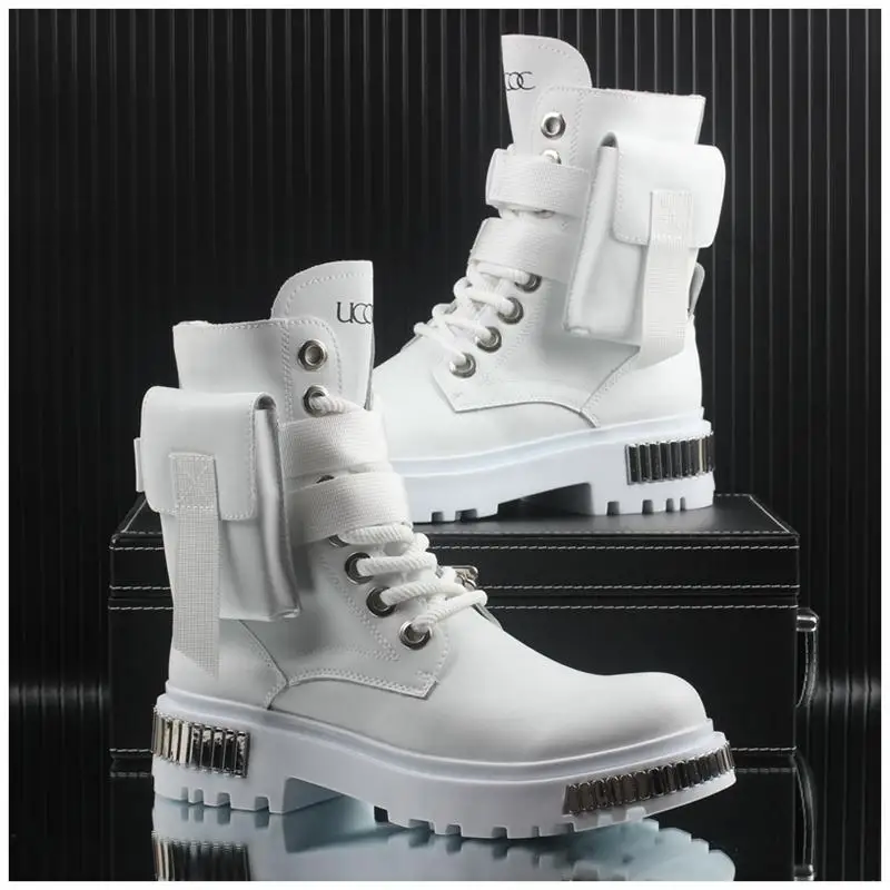 2025 White Men's High-Top Winter Velvet Warm British Medium Motorcycle Thick-Soled Boots