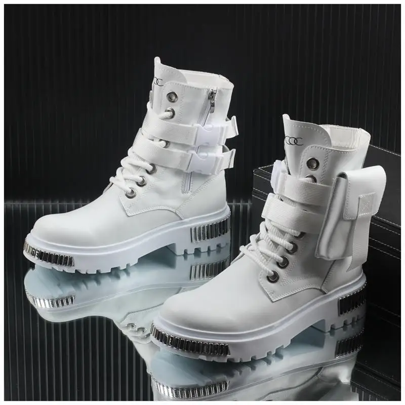 2025 White Men's High-Top Winter Velvet Warm British Medium Motorcycle Thick-Soled Boots