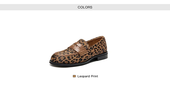 BEAUTODAY Penny Loafers Women Cowhide Round Toe Square Heel Leopard Print Sewing Outdoor Casual Flats Female Handmade 26238