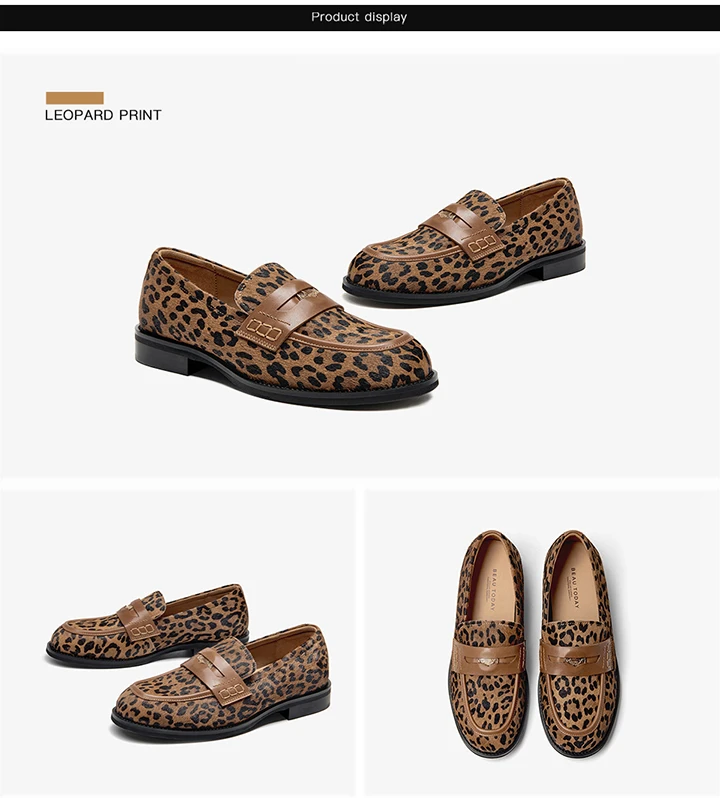 BEAUTODAY Penny Loafers Women Cowhide Round Toe Square Heel Leopard Print Sewing Outdoor Casual Flats Female Handmade 26238