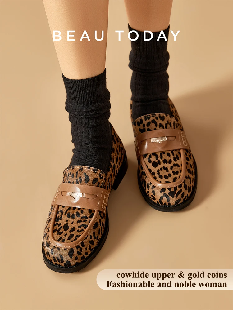 BEAUTODAY Penny Loafers Women Cowhide Round Toe Square Heel Leopard Print Sewing Outdoor Casual Flats Female Handmade 26238