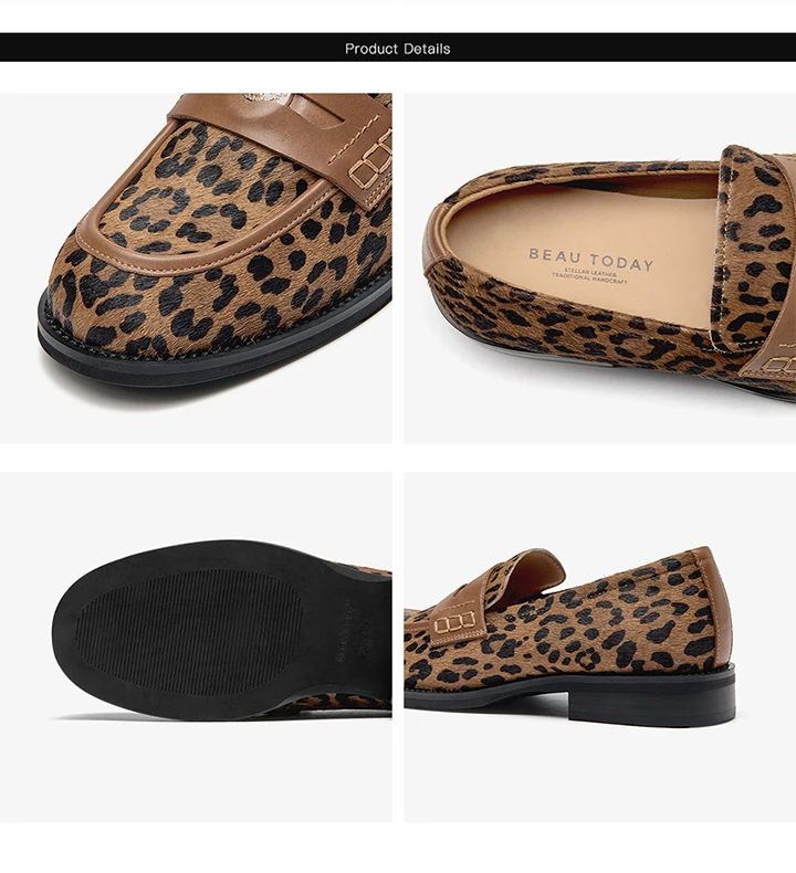 BEAUTODAY Penny Loafers Women Cowhide Round Toe Square Heel Leopard Print Sewing Outdoor Casual Flats Female Handmade 26238