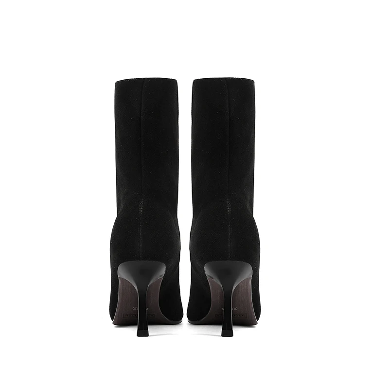 NEW TREND 2025 Autumn Winter Women Cow Suede High Thin Heeled Ankle Boots Black Apricot Sexy Ladies Pointed Toe Slip-On Boots