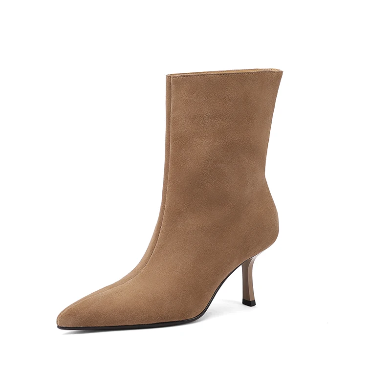 NEW TREND 2025 Autumn Winter Women Cow Suede High Thin Heeled Ankle Boots Black Apricot Sexy Ladies Pointed Toe Slip-On Boots