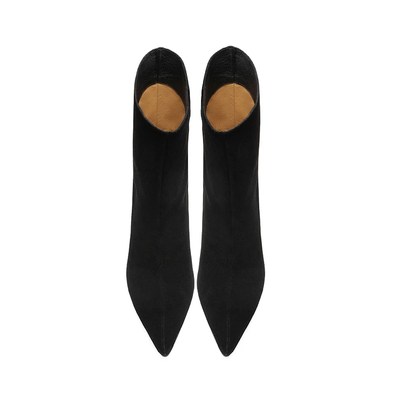 NEW TREND 2025 Autumn Winter Women Cow Suede High Thin Heeled Ankle Boots Black Apricot Sexy Ladies Pointed Toe Slip-On Boots