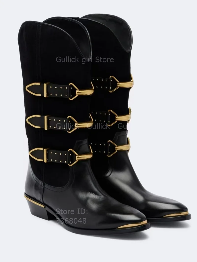 Gold Metal Buckle Western Middle Heel Boots Chunky Heel Slip On Buckle Strap New Arrivals 2026 Winter Autumn Handmade Shoes