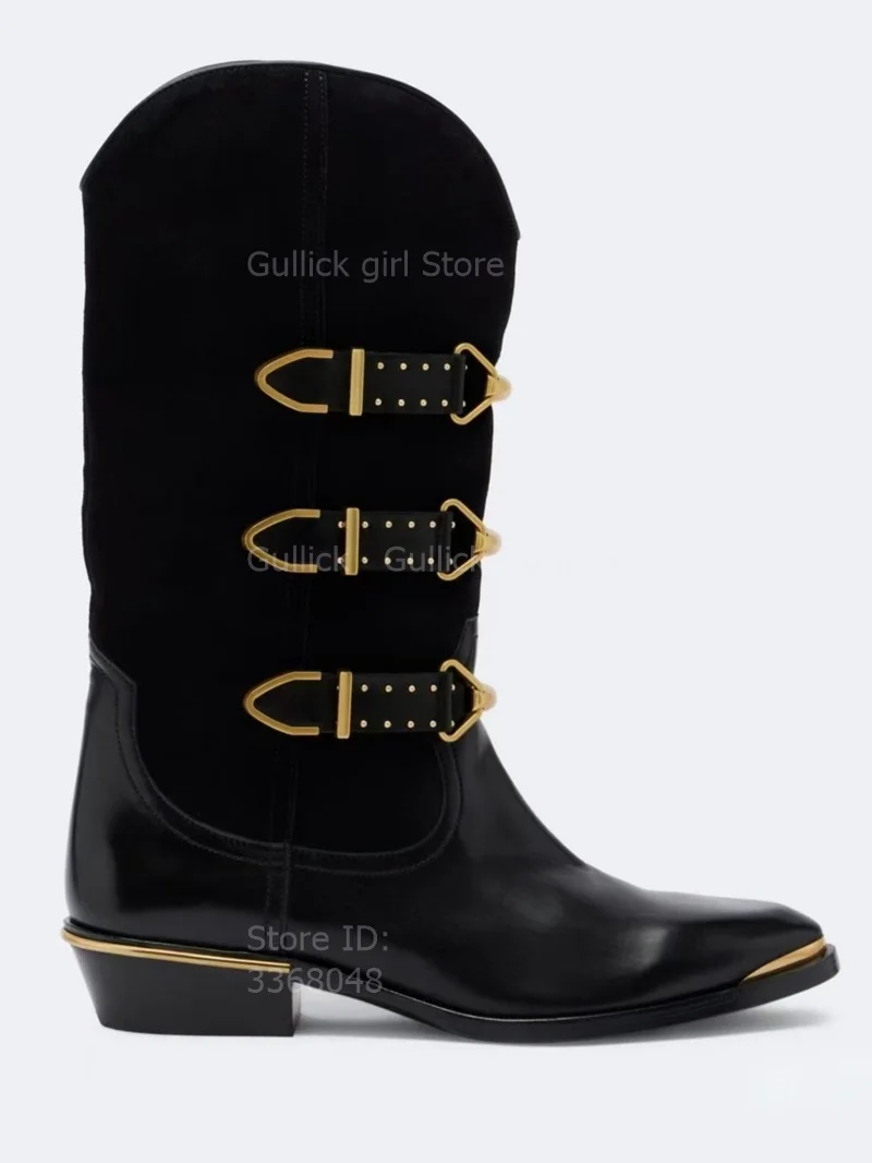 Gold Metal Buckle Western Middle Heel Boots Chunky Heel Slip On Buckle Strap New Arrivals 2026 Winter Autumn Handmade Shoes